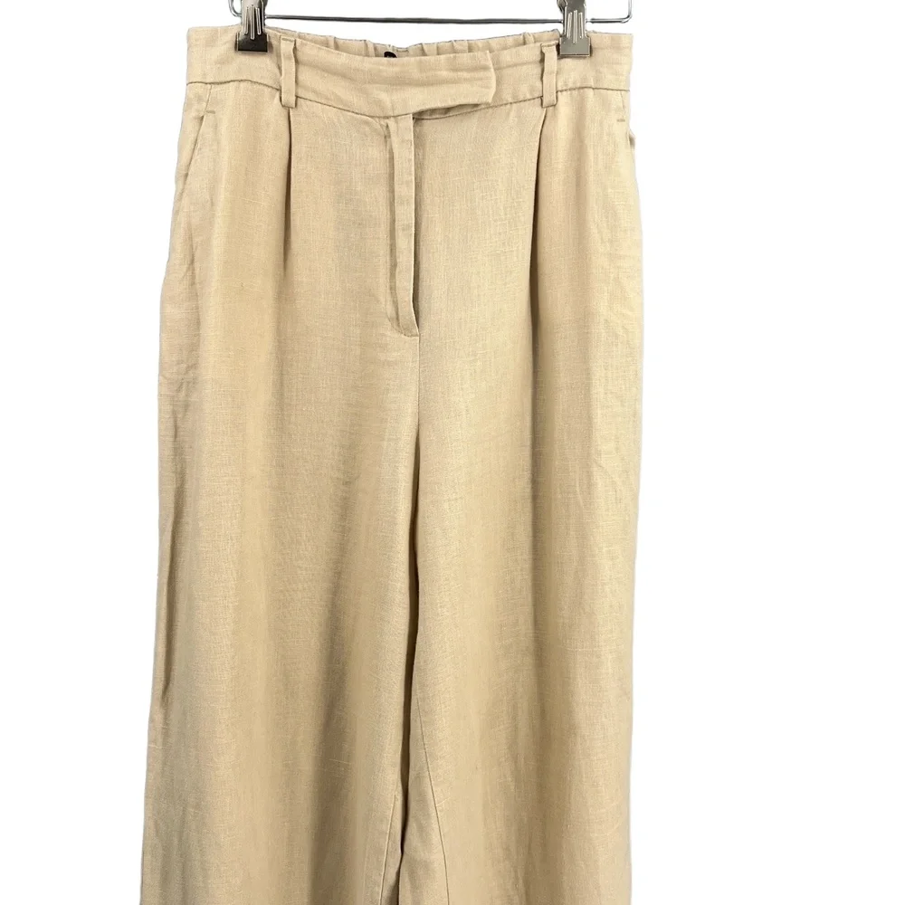Zara Beige Linen‎ Wide Leg Pants Pleated Front Relaxed Trousers Women’s Small